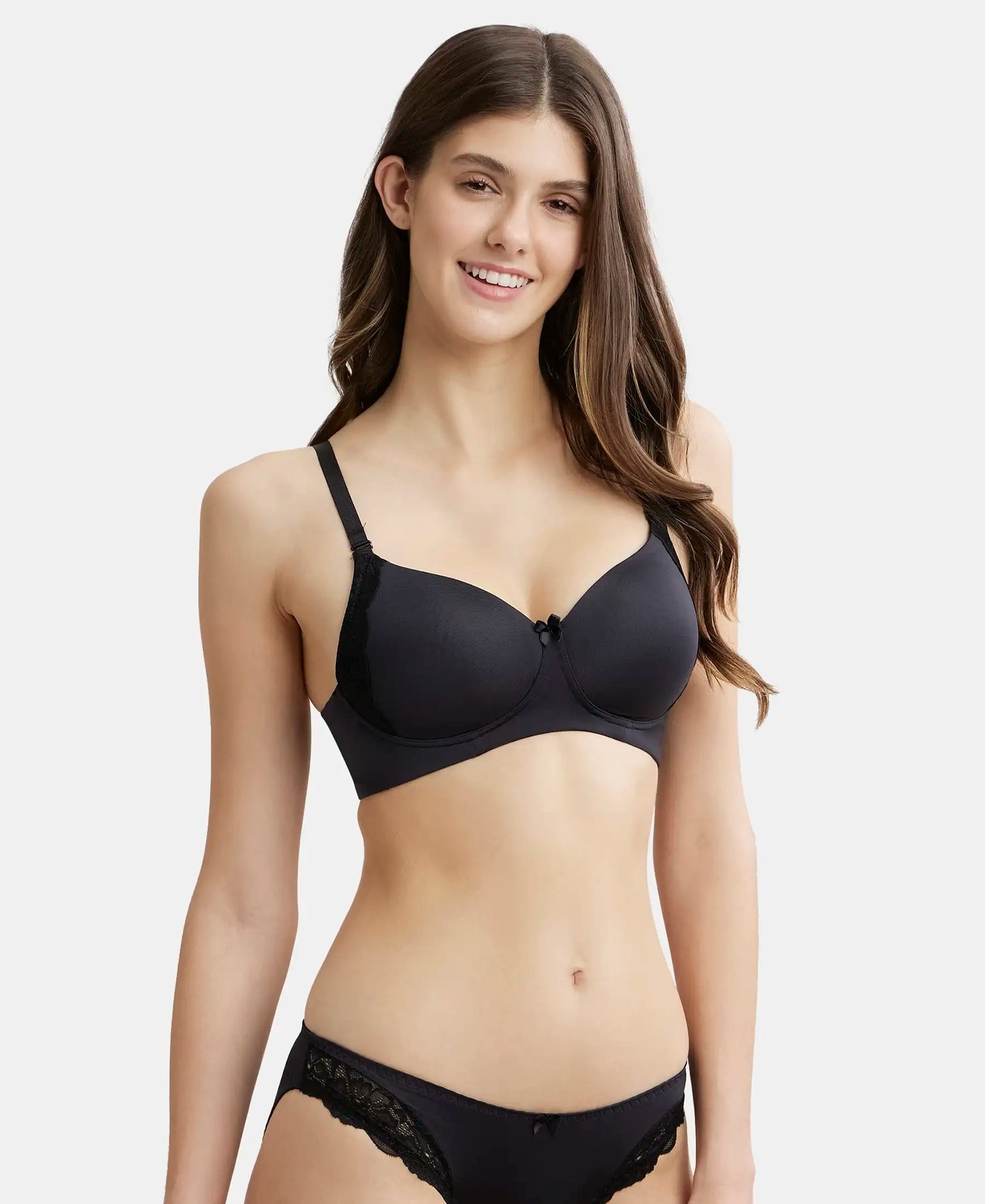 Wirefree Padded Soft Touch Microfiber Elastane Full Coverage T-Shirt Bra with Lace Styling - Black-2