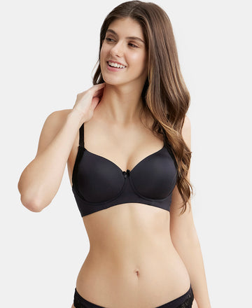 Wirefree Padded Soft Touch Microfiber Elastane Full Coverage T-Shirt Bra with Lace Styling - Black-5