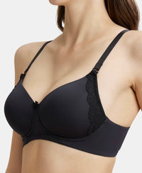 Wirefree Padded Soft Touch Microfiber Elastane Full Coverage T-Shirt Bra with Lace Styling - Black-6