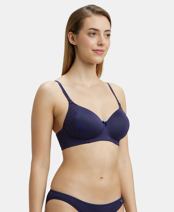 Wirefree Padded Soft Touch Microfiber Elastane Full Coverage T-Shirt Bra with Lace Styling - Classic Navy-2