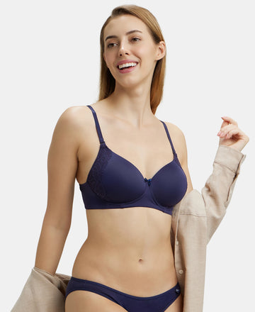 Wirefree Padded Soft Touch Microfiber Elastane Full Coverage T-Shirt Bra with Lace Styling - Classic Navy-5