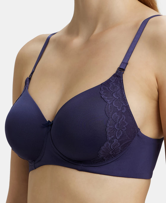 Wirefree Padded Soft Touch Microfiber Elastane Full Coverage T-Shirt Bra with Lace Styling - Classic Navy-7
