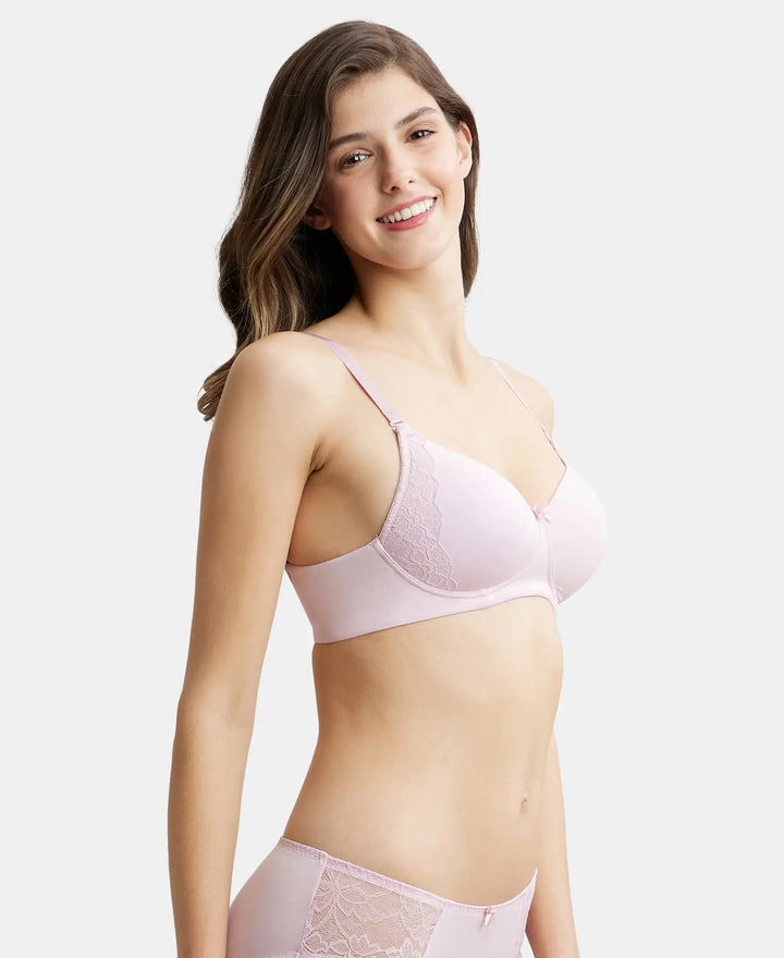 Wirefree Padded Soft Touch Microfiber Elastane Full Coverage T-Shirt Bra with Lace Styling - Fragrant Lily-2