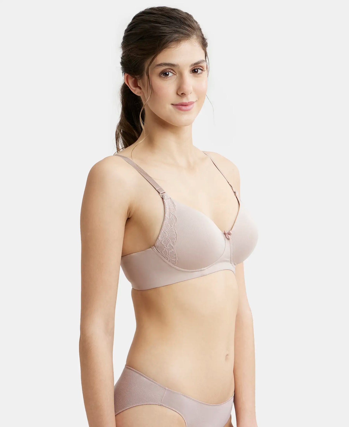 Wirefree Padded Soft Touch Microfiber Elastane Full Coverage T-Shirt Bra with Lace Styling - Mocha-2