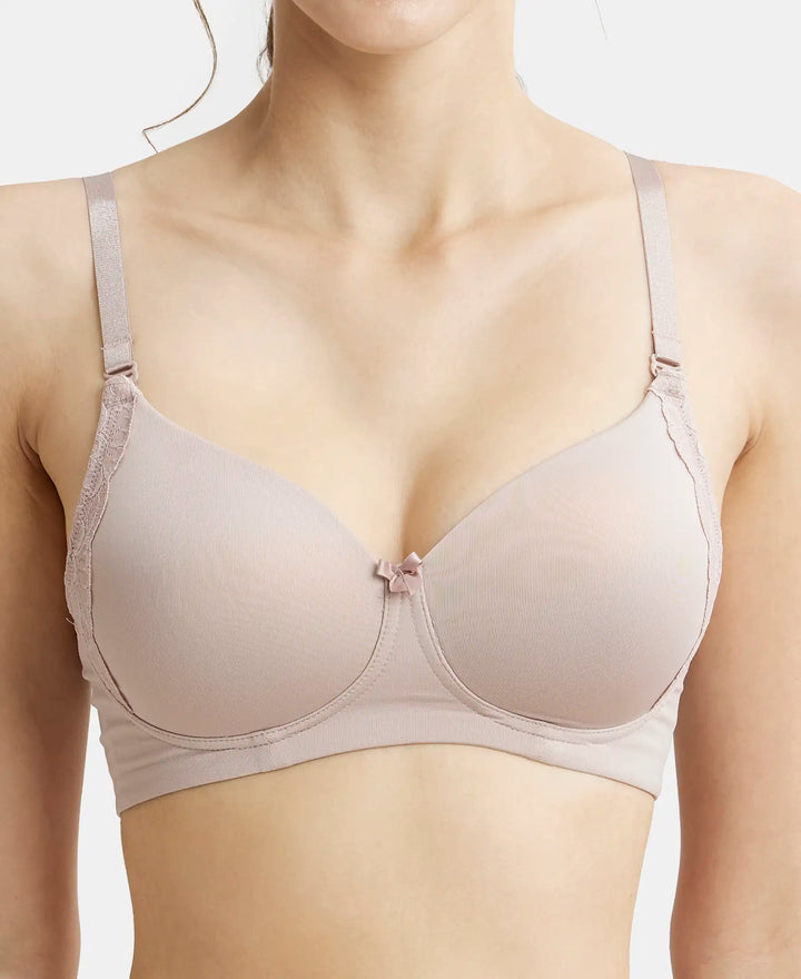Wirefree Padded Soft Touch Microfiber Elastane Full Coverage T-Shirt Bra with Lace Styling - Mocha-8