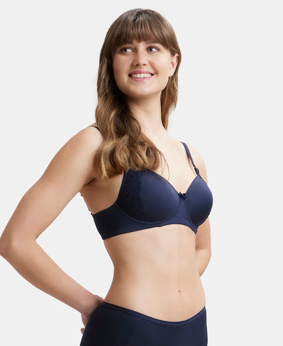 Wirefree Padded Soft Touch Microfiber Elastane Full Coverage T-Shirt Bra with Lace Styling - Navy Blazer-2