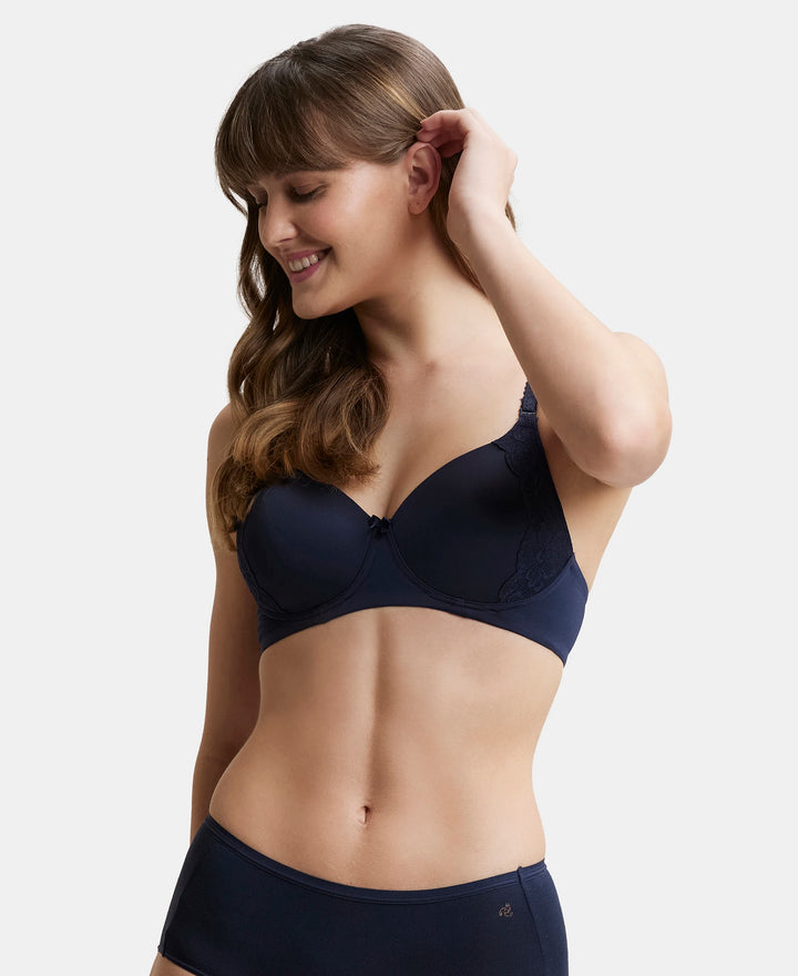Wirefree Padded Soft Touch Microfiber Elastane Full Coverage T-Shirt Bra with Lace Styling - Navy Blazer-5