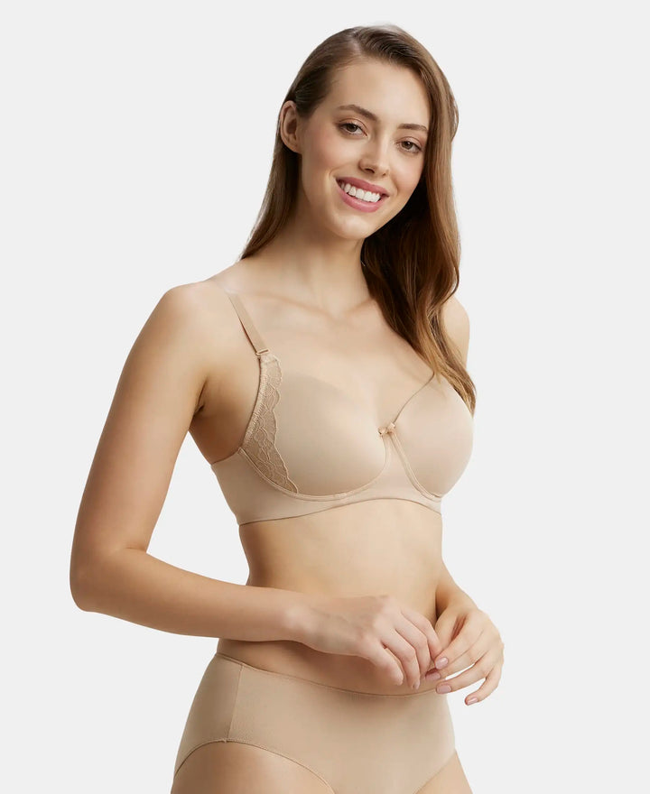 Wirefree Padded Soft Touch Microfiber Elastane Full Coverage T-Shirt Bra with Lace Styling - Light Skin-2