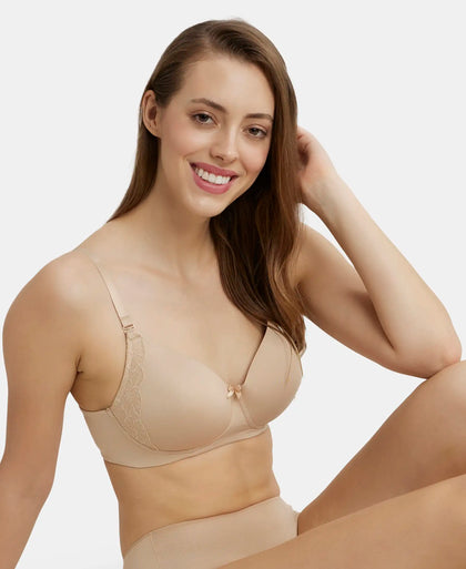 Wirefree Padded Soft Touch Microfiber Elastane Full Coverage T-Shirt Bra with Lace Styling - Light Skin-5