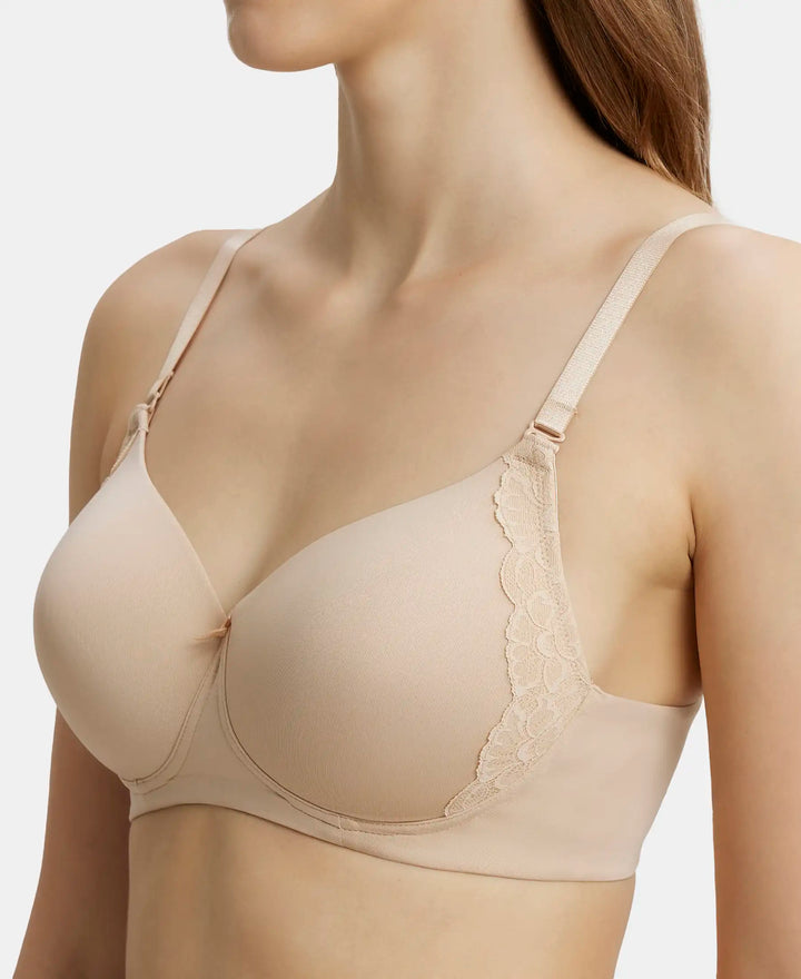 Wirefree Padded Soft Touch Microfiber Elastane Full Coverage T-Shirt Bra with Lace Styling - Light Skin-6