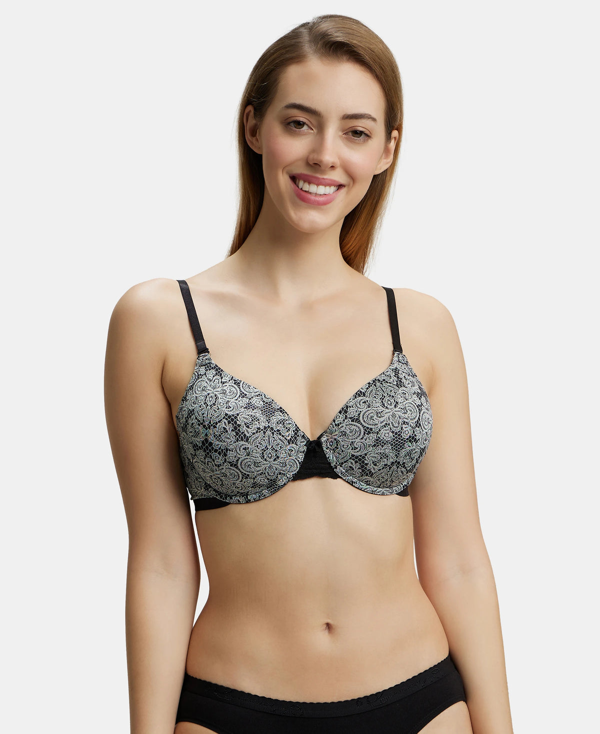 Under-Wired Padded Soft Touch Microfiber Elastane Stretch Full Coverage T-Shirt Bra with Lace Styling - Black Printed
