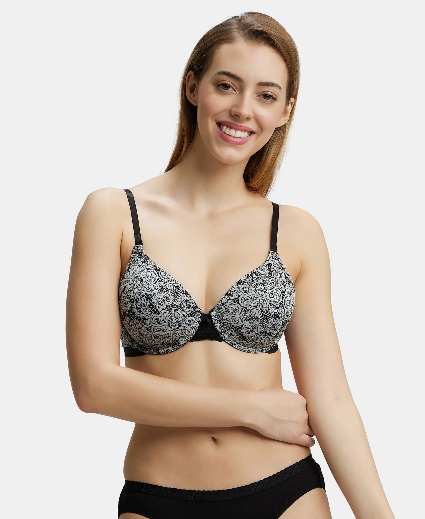 Under-Wired Padded Soft Touch Microfiber Elastane Full Coverage T-Shirt Bra with Lace Styling - Black Printed-5