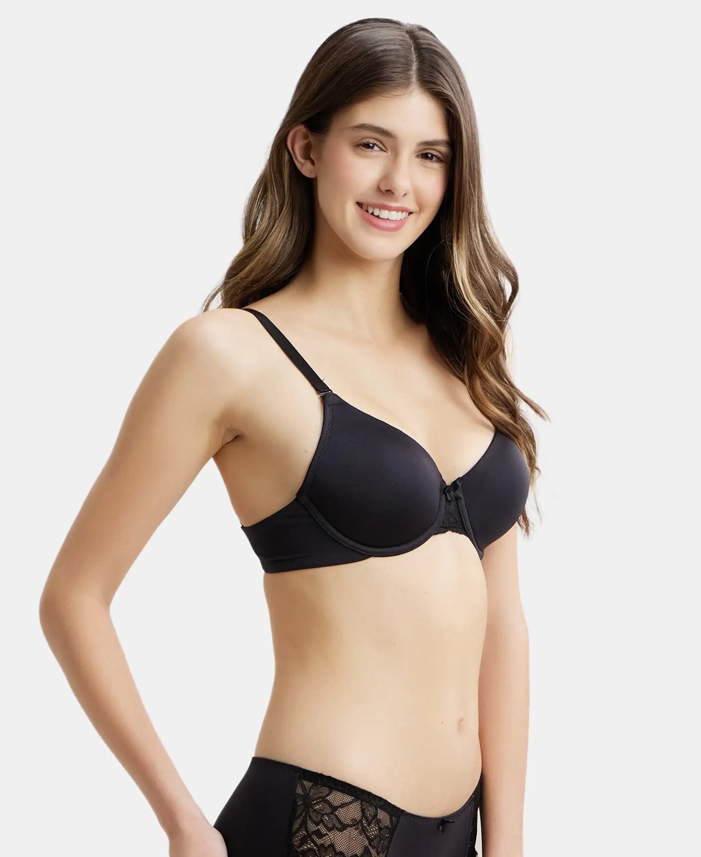 Under-Wired Padded Soft Touch Microfiber Elastane Full Coverage T-Shirt Bra with Lace Styling - Black-2