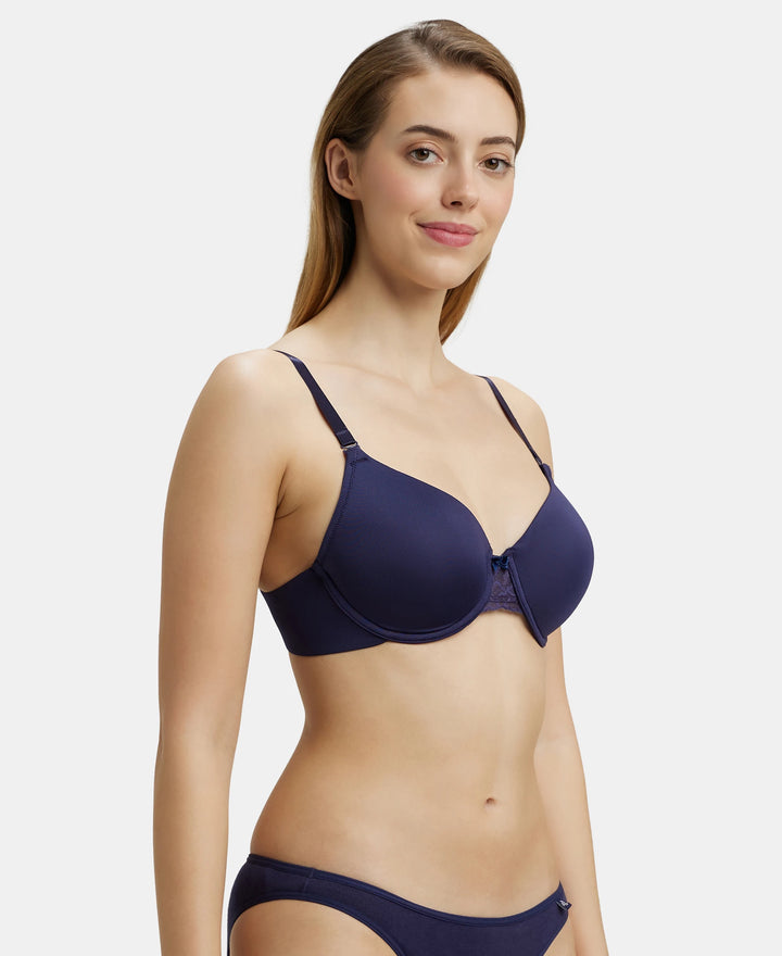 Under-Wired Padded Soft Touch Microfiber Elastane Full Coverage T-Shirt Bra with Lace Styling - Classic Navy-2