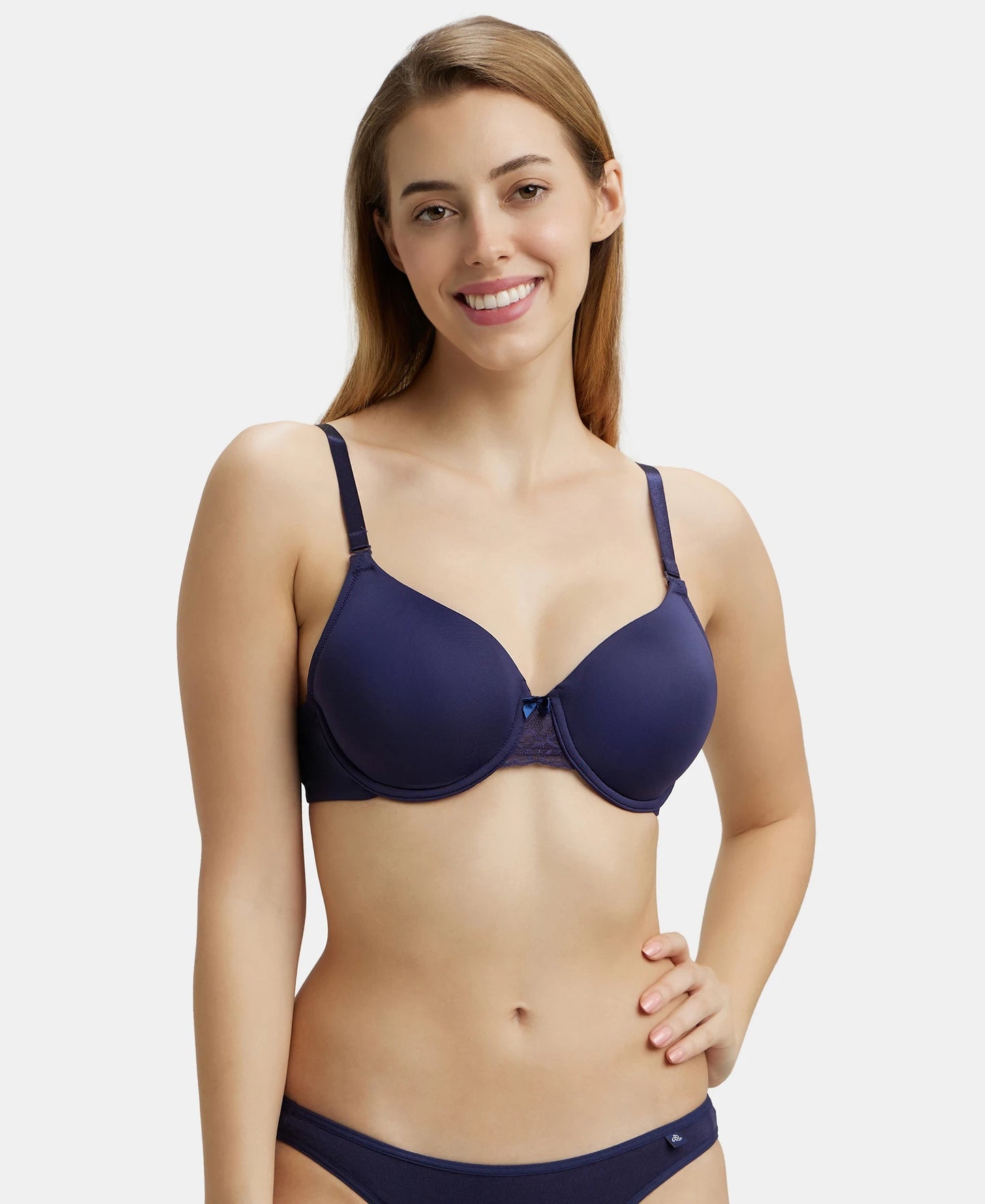 Under-Wired Padded Soft Touch Microfiber Elastane Full Coverage T-Shirt Bra with Lace Styling - Classic Navy-5