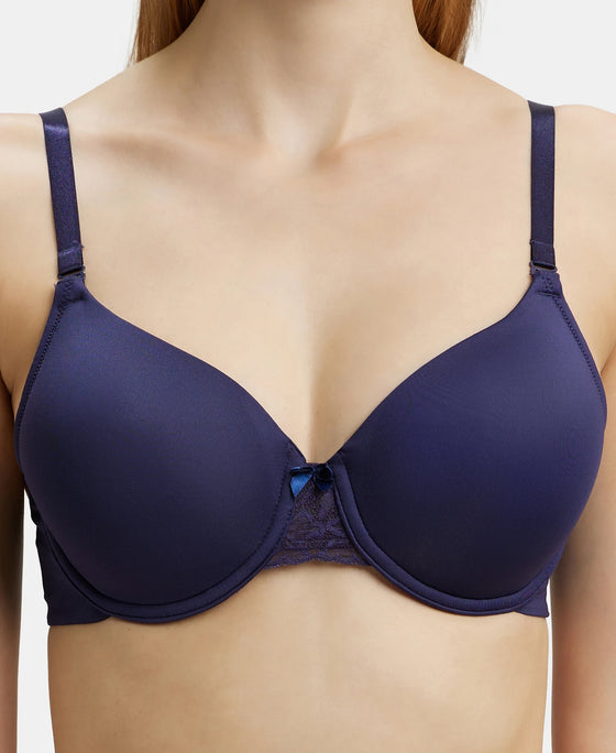 Under-Wired Padded Soft Touch Microfiber Elastane Full Coverage T-Shirt Bra with Lace Styling - Classic Navy-7