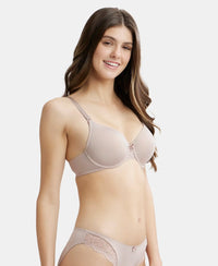 Under-Wired Padded Soft Touch Microfiber Elastane Full Coverage T-Shirt Bra with Lace Styling - Mocha-2