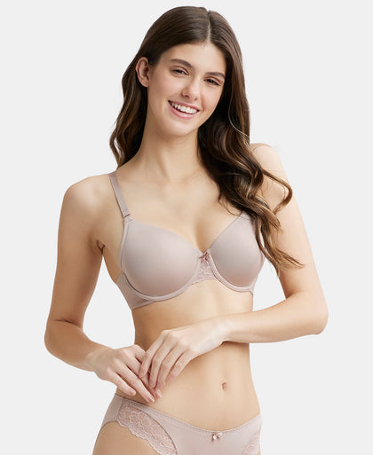 Under-Wired Padded Soft Touch Microfiber Elastane Full Coverage T-Shirt Bra with Lace Styling - Mocha-5