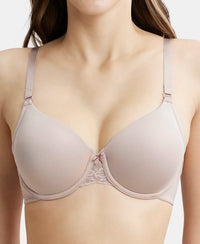 Under-Wired Padded Soft Touch Microfiber Elastane Full Coverage T-Shirt Bra with Lace Styling - Mocha-6