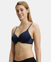 Under-Wired Padded Soft Touch Microfiber Elastane Full Coverage T-Shirt Bra with Lace Styling - Navy Blazer-2
