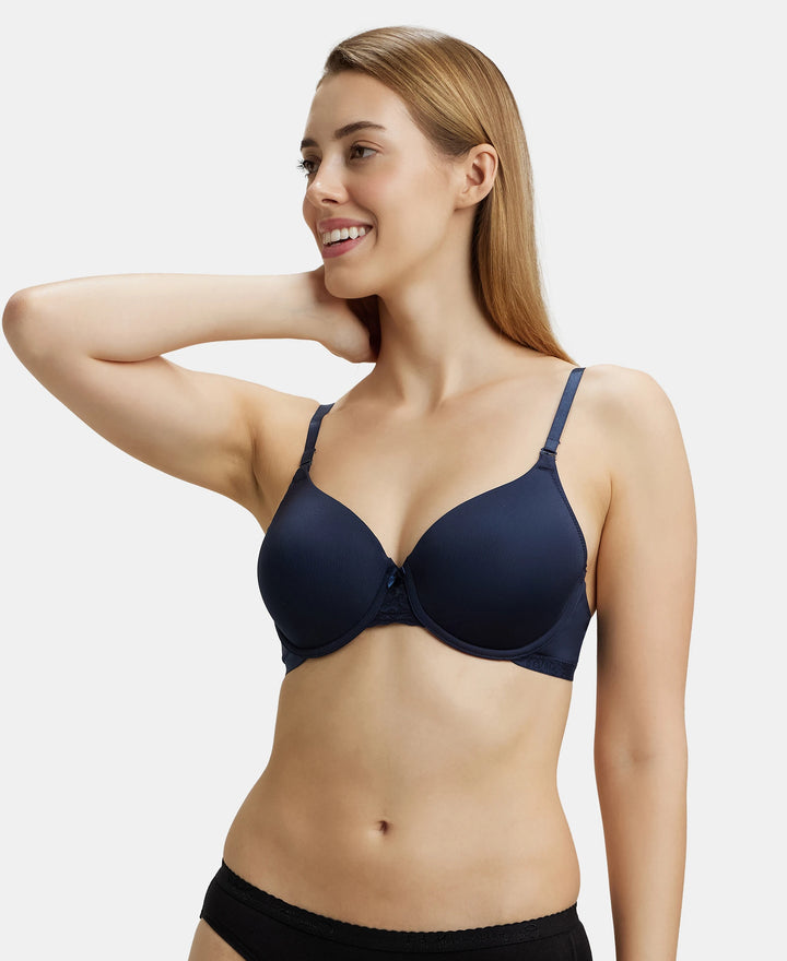 Under-Wired Padded Soft Touch Microfiber Elastane Full Coverage T-Shirt Bra with Lace Styling - Navy Blazer-5