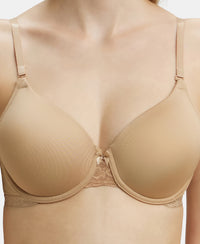 Under-Wired Padded Soft Touch Microfiber Elastane Full Coverage T-Shirt Bra with Lace Styling - Skin-7