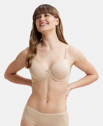 Under-Wired Padded Soft Touch Microfiber Elastane Full Coverage T-Shirt Bra with Lace Styling - Light Skin-5