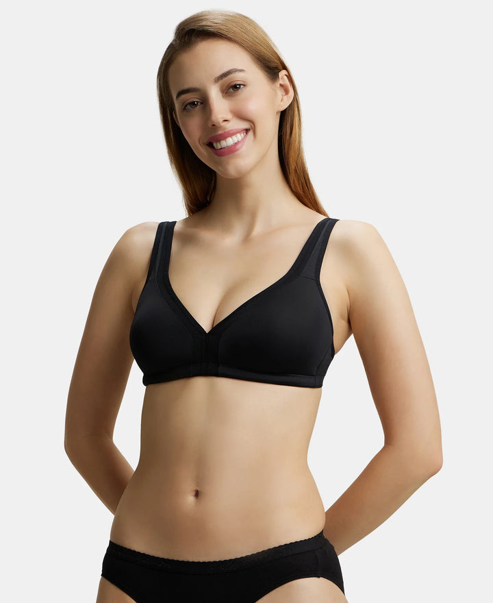 Wirefree Non Padded Soft Touch Microfiber Elastane Full Coverage Everyday Bra with Stylised Mesh Panel - Black-5