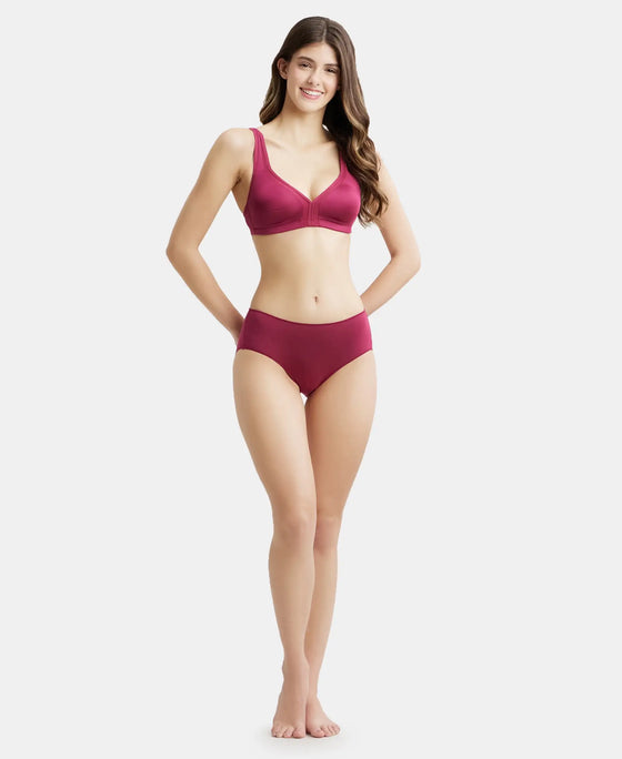 Wirefree Non Padded Soft Touch Microfiber Elastane Full Coverage Everyday Bra with Stylised Mesh Panel - Pink Wine-4