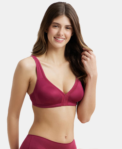 Wirefree Non Padded Soft Touch Microfiber Elastane Full Coverage Everyday Bra with Stylised Mesh Panel - Pink Wine-5