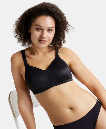 Wirefree Non Padded Soft Touch Microfiber Elastane Full Coverage Minimizer Bra with Broad Cushioned Fabric Strap - Black-5
