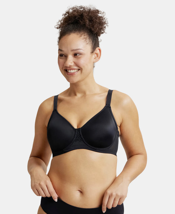 Under-Wired Non-Padded Soft Touch Microfiber Elastane Full Coverage Minimizer Bra with Broad Wings - Black-1