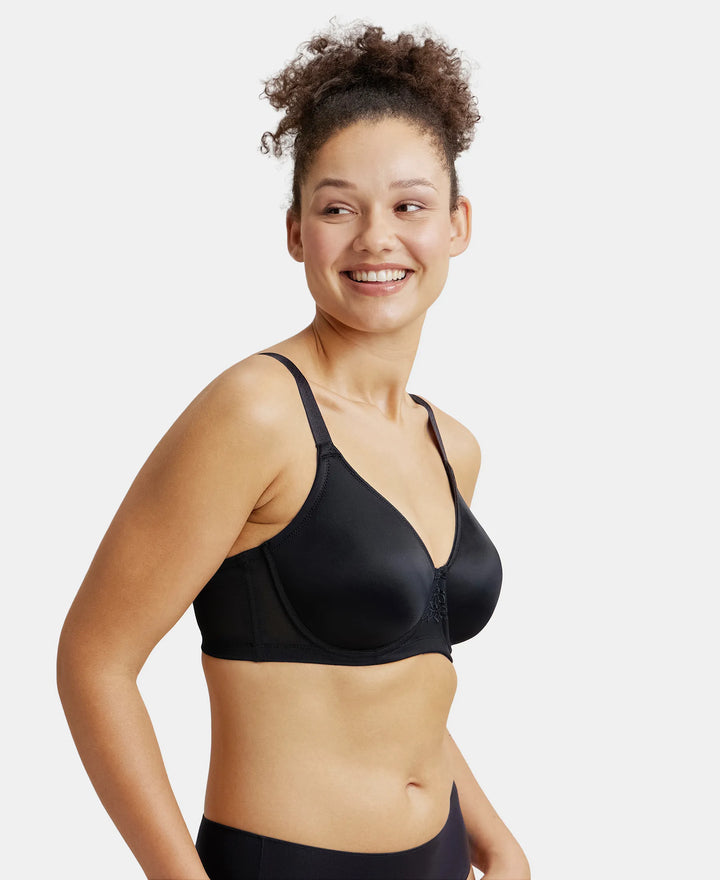 Under-Wired Non-Padded Soft Touch Microfiber Elastane Full Coverage Minimizer Bra with Broad Wings - Black-2
