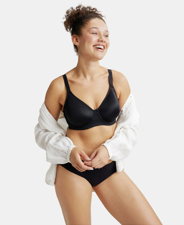 Under-Wired Non-Padded Soft Touch Microfiber Elastane Full Coverage Minimizer Bra with Broad Wings - Black-6