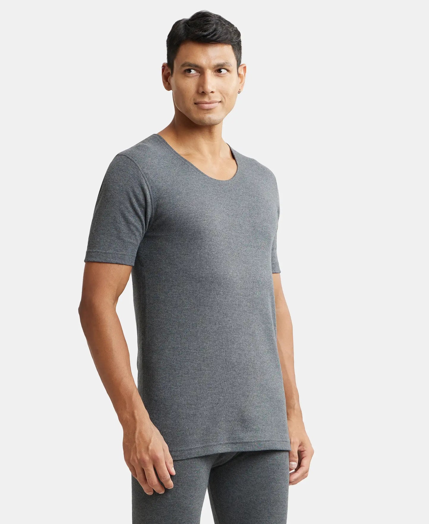 Super Combed Cotton Rich Half Sleeved Thermal Undershirt with StayWarm Technology - Charcoal Melange-2