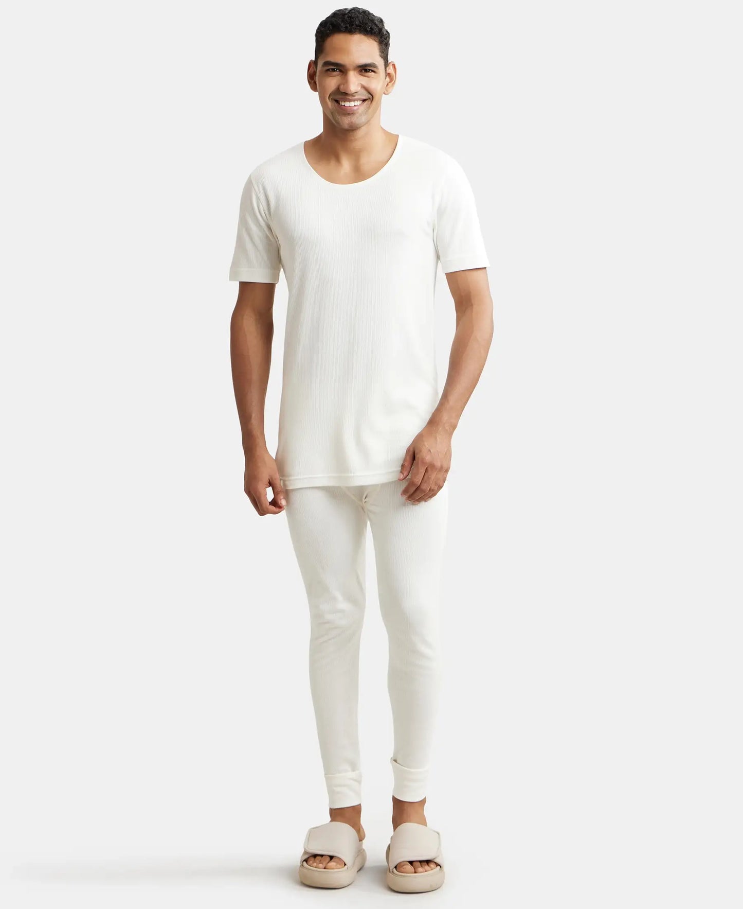 Super Combed Cotton Rich Half Sleeved Thermal Undershirt with StayWarm Technology - Off White-4