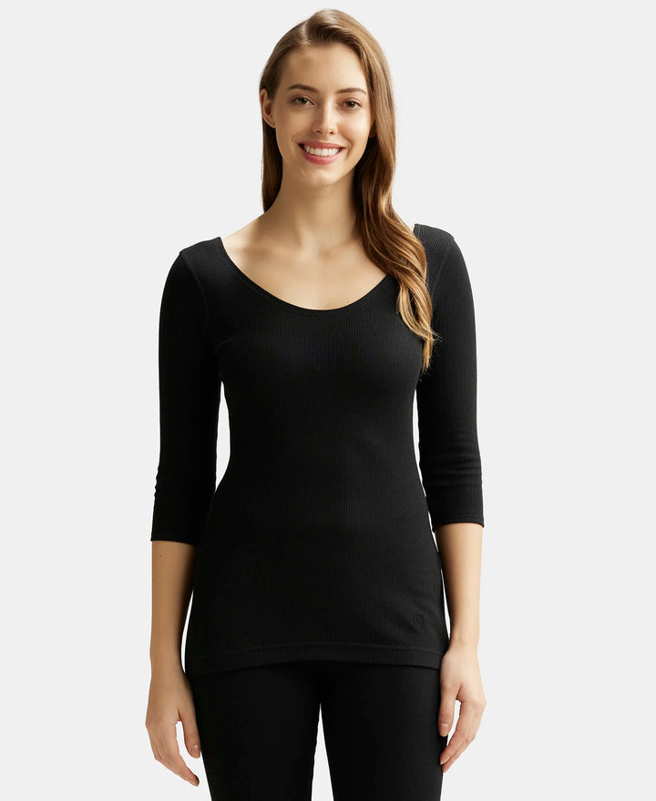 Super Combed Cotton Rich Three Quarter Sleeve Thermal Top with StayWarm Technology - Black-1