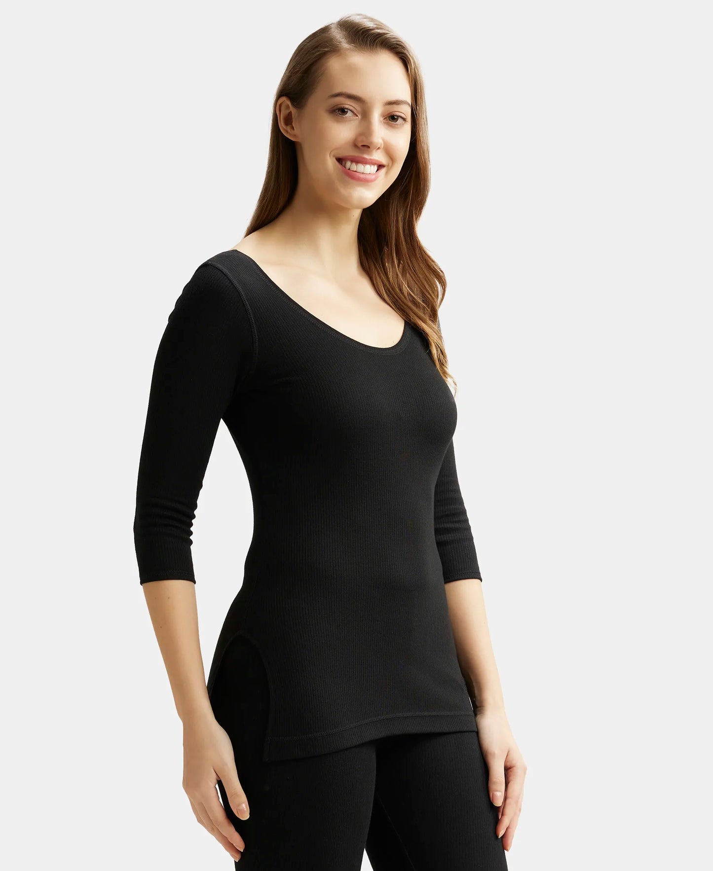 Super Combed Cotton Rich Three Quarter Sleeve Thermal Top with StayWarm Technology - Black-2