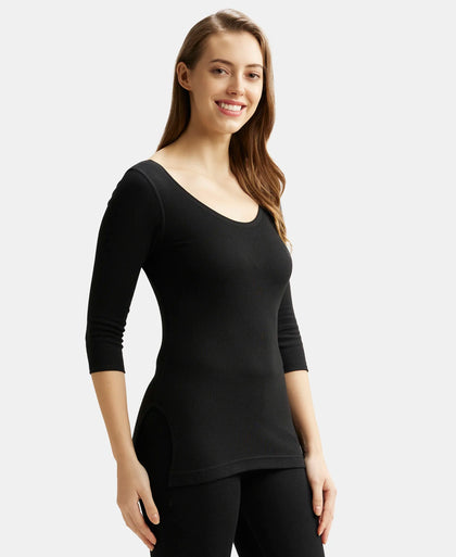 Super Combed Cotton Rich Three Quarter Sleeve Thermal Top with StayWarm Technology - Black-2