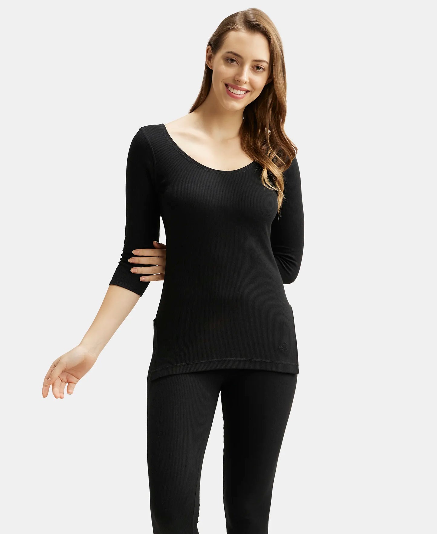 Super Combed Cotton Rich Three Quarter Sleeve Thermal Top with StayWarm Technology - Black-6