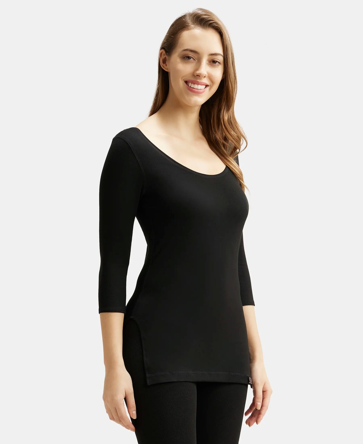 Soft Touch Microfiber Elastane Three Quarter Sleeve Thermal Top with StayWarm Technology - Black-2