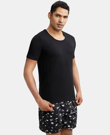 Soft Touch Microfiber Elastane Half Sleeve Thermal Undershirt with StayWarm Technology - Black-2