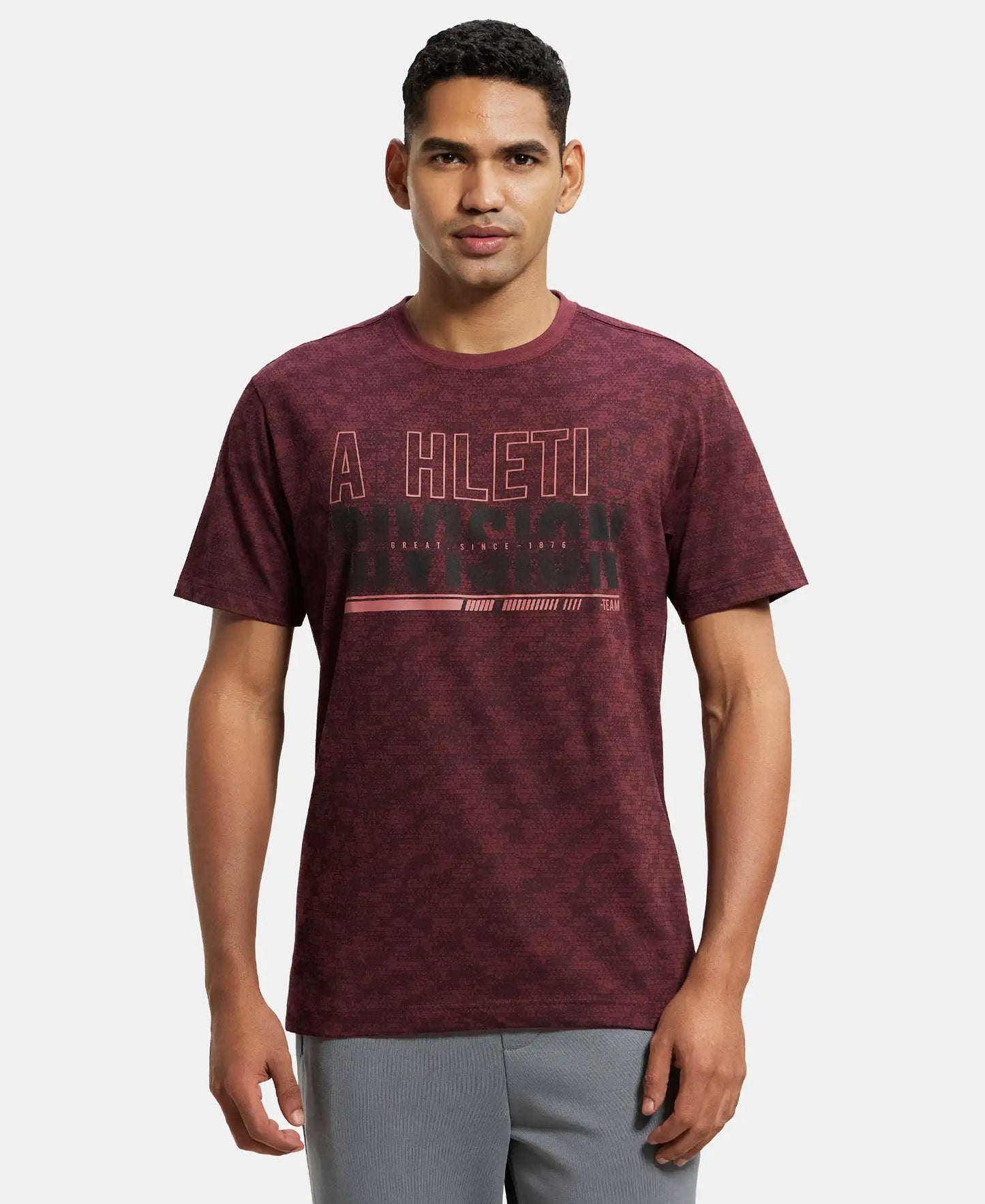 Super Combed Cotton Rich Round Neck Half Sleeve T-Shirt - Burgundy Print-1