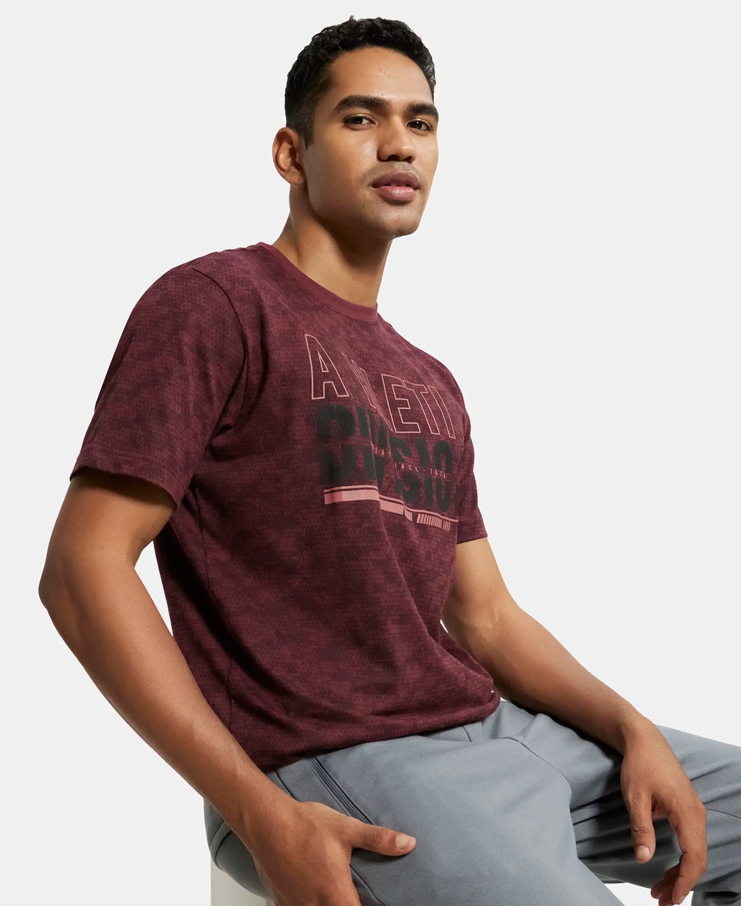 Super Combed Cotton Rich Round Neck Half Sleeve T-Shirt - Burgundy Print-5