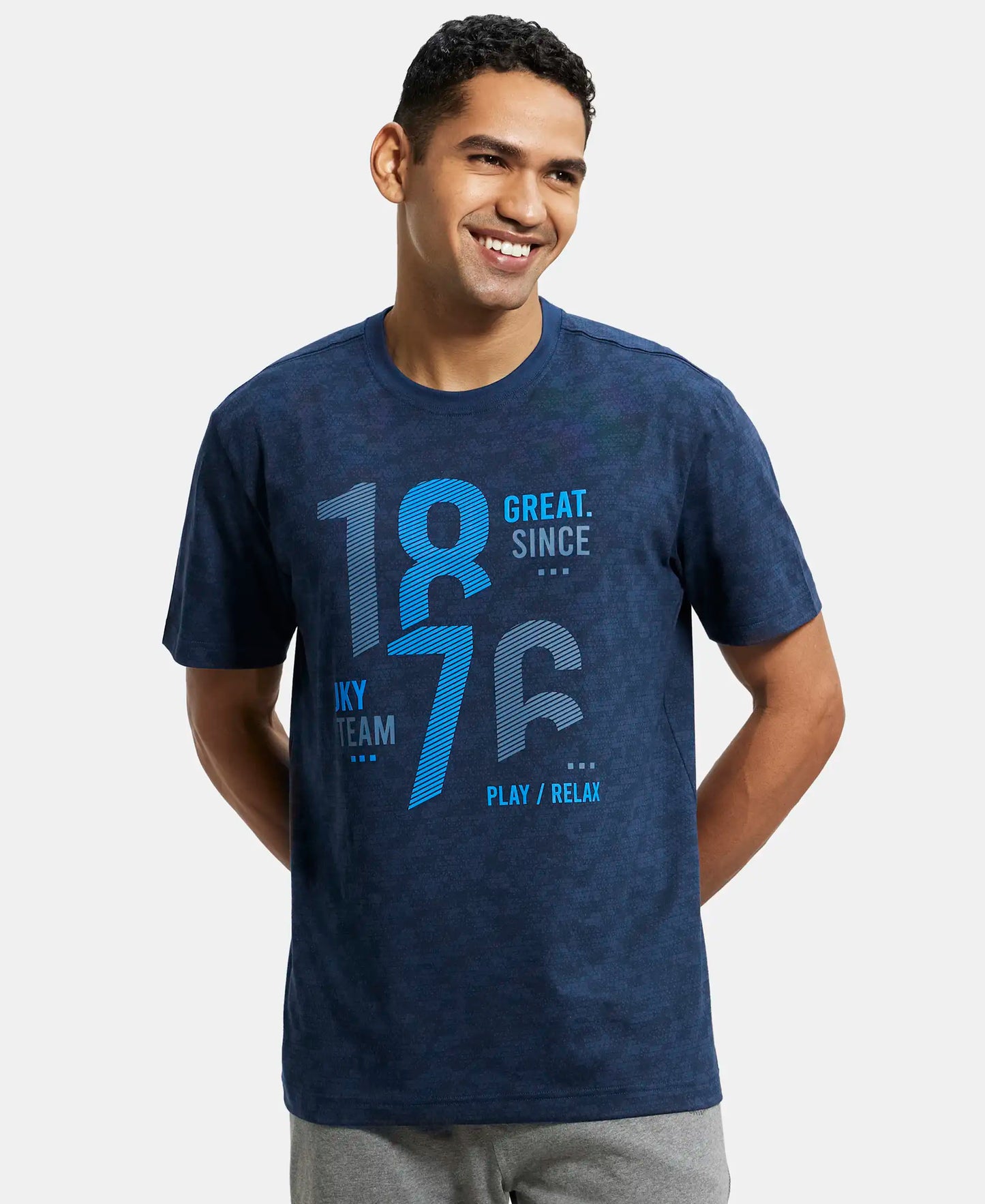 Super Combed Cotton Rich Round Neck Half Sleeve T-Shirt - Insigna Blue Print-1