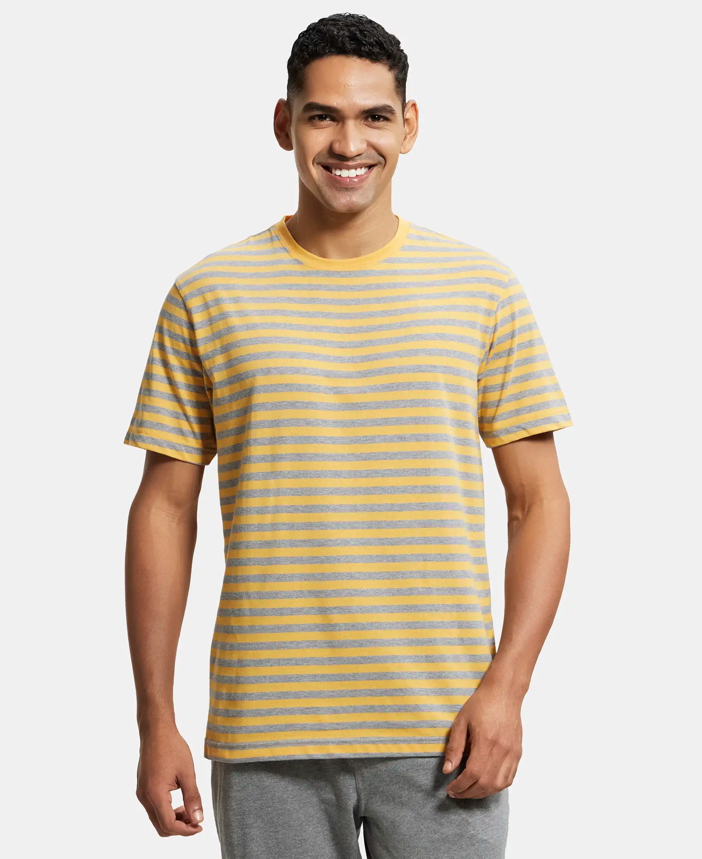 Super Combed Cotton Rich Striped Round Neck Half Sleeve T-Shirt - Burnt Gold & Grey-1