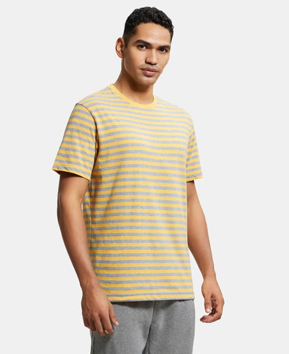 Super Combed Cotton Rich Striped Round Neck Half Sleeve T-Shirt - Burnt Gold & Grey-2