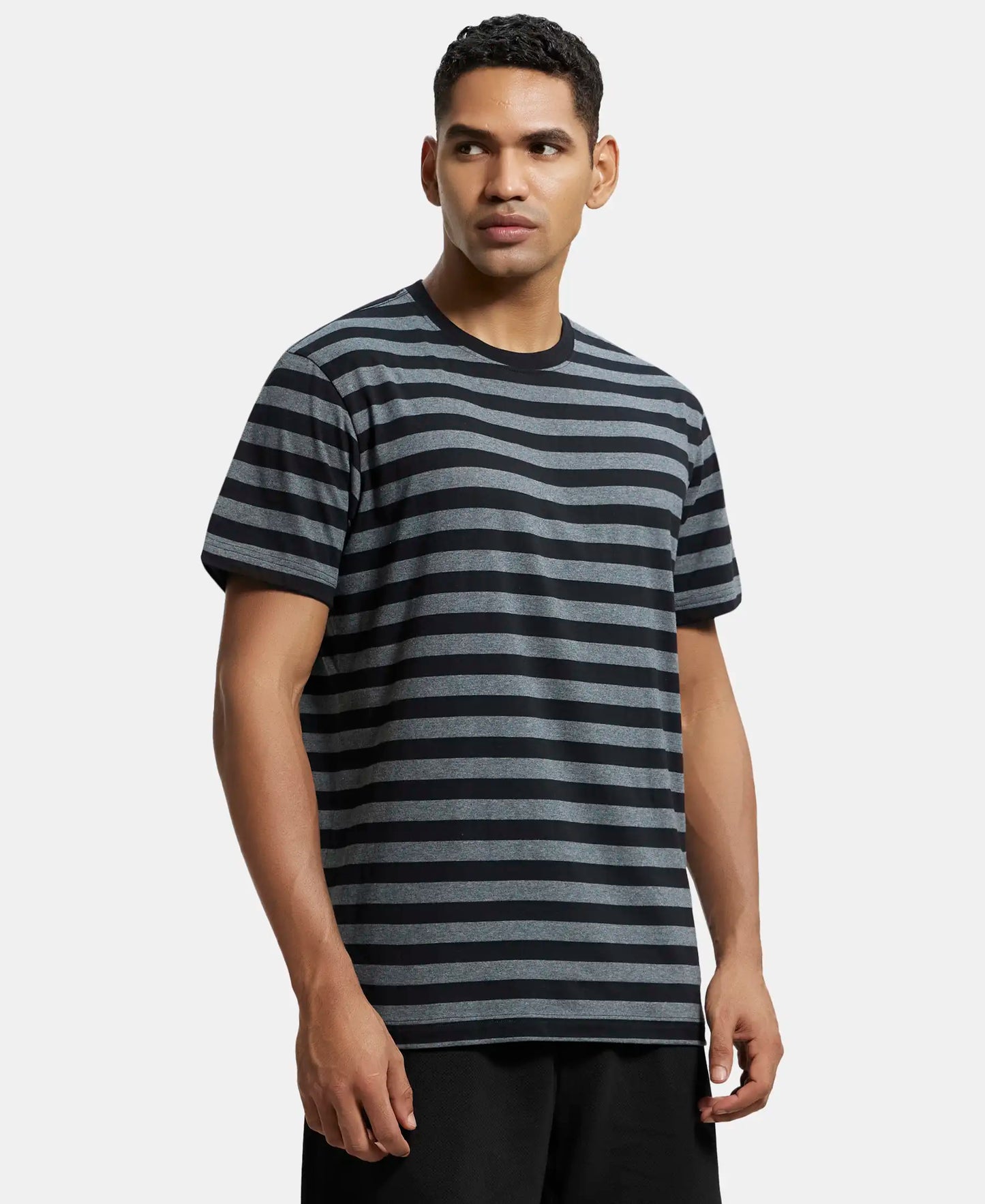 Super Combed Cotton Rich Striped Round Neck Half Sleeve T-Shirt - Black & Charcoal Melange-2