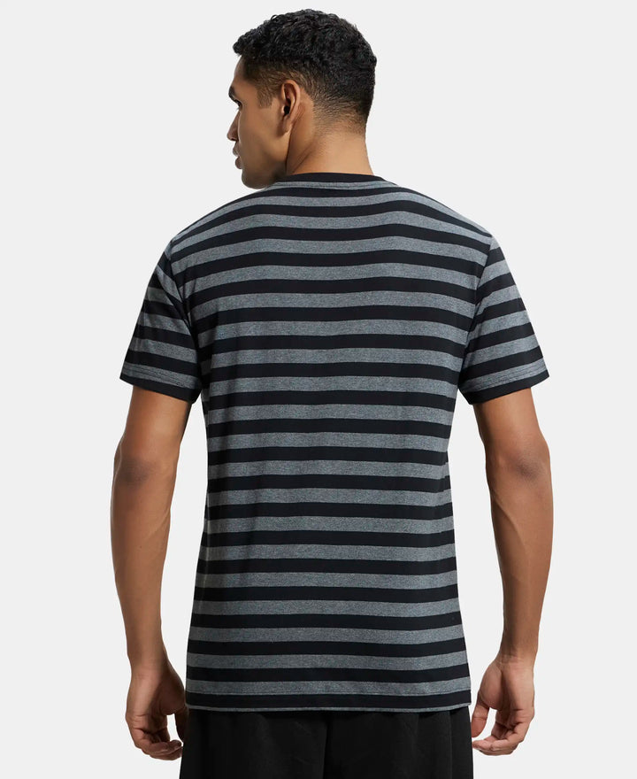 Super Combed Cotton Rich Striped Round Neck Half Sleeve T-Shirt - Black & Charcoal Melange-3