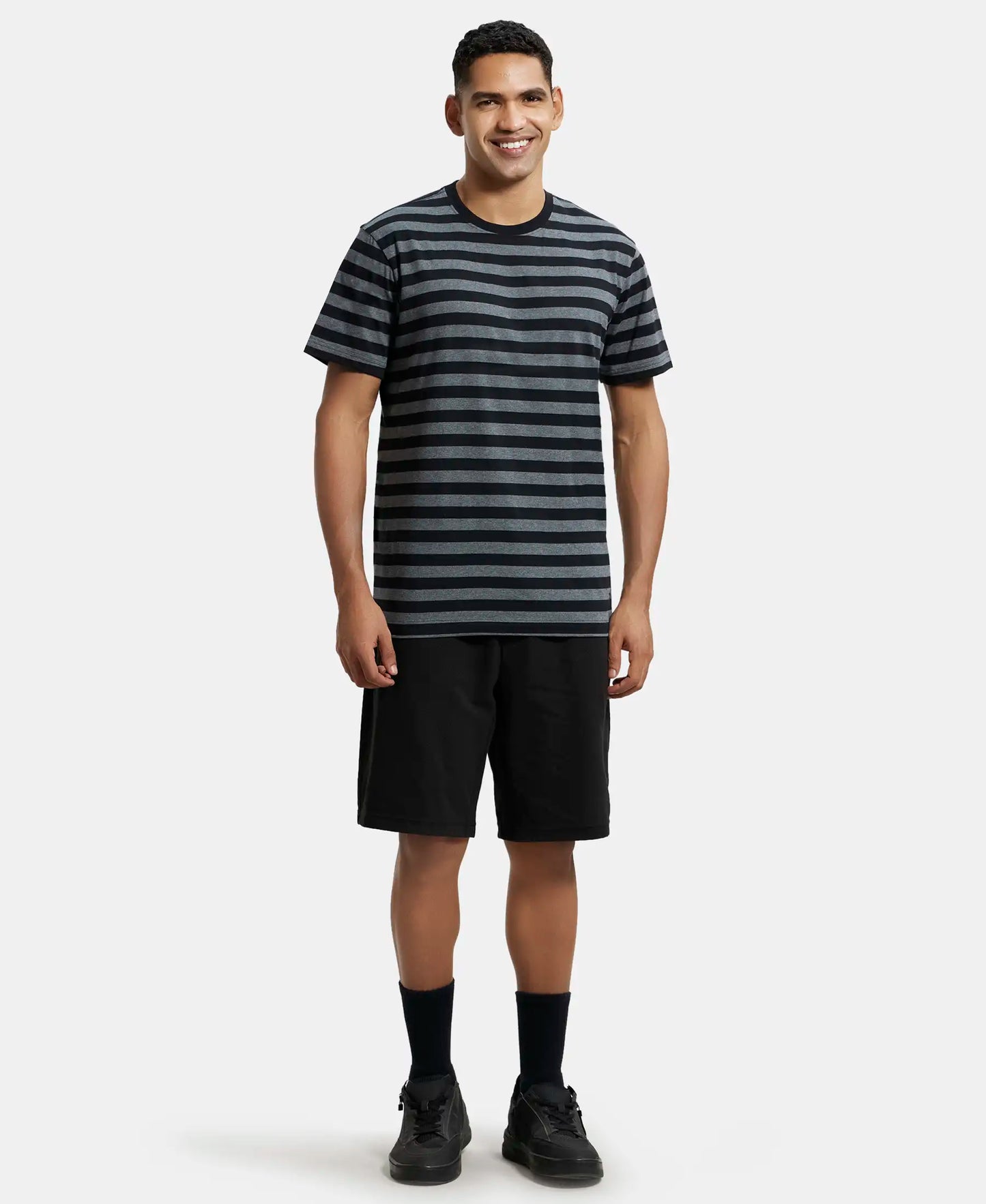 Super Combed Cotton Rich Striped Round Neck Half Sleeve T-Shirt - Black & Charcoal Melange-4